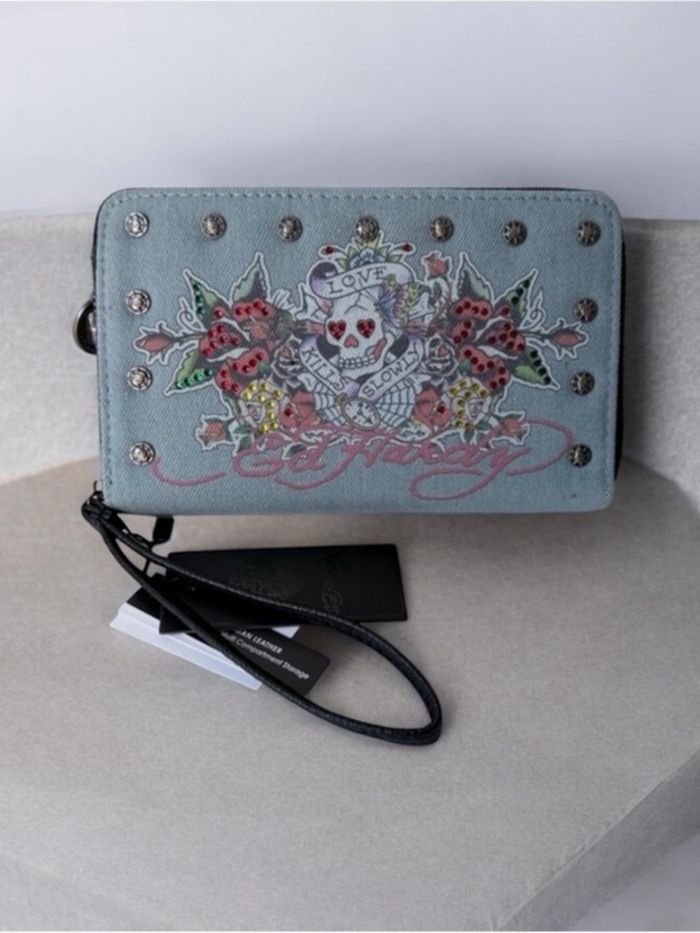 Ed Hardy Light Blue Skull & Floral Crystal-Embellished Wristlet wallet denim